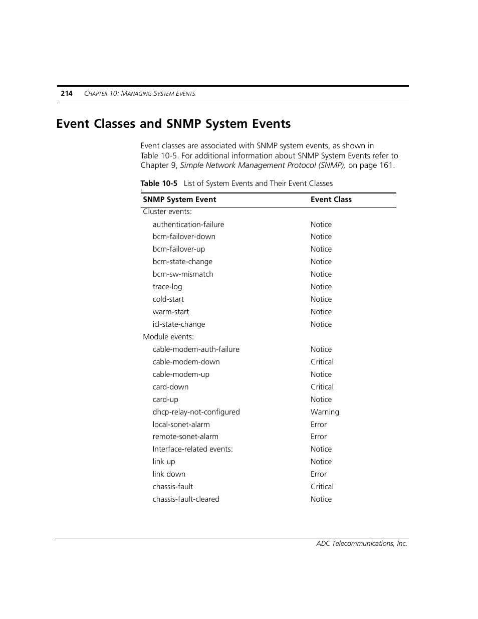 Event classes and snmp system events | ADC CUDA 3 User Manual | Page 216 / 620