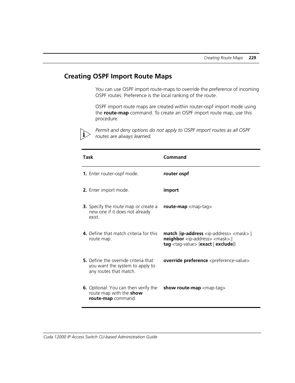 Creating ospf import route maps | ADC CUDA 3 User Manual | Page 231 / 620
