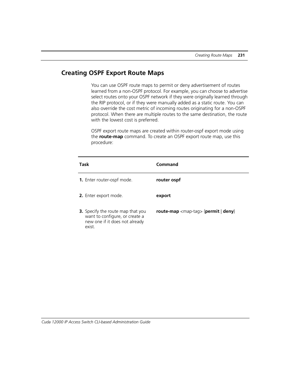 Creating ospf export route maps | ADC CUDA 3 User Manual | Page 233 / 620