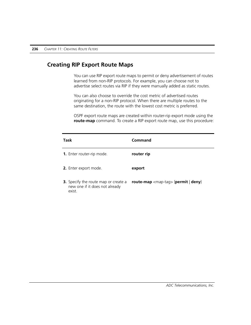 Creating rip export route maps, Creating rip export route maps” on | ADC CUDA 3 User Manual | Page 238 / 620