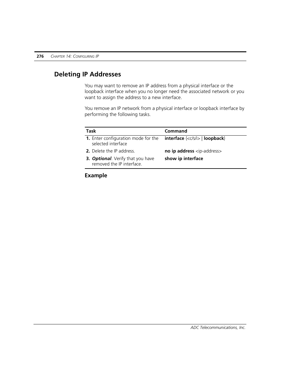 Deleting ip addresses, Example | ADC CUDA 3 User Manual | Page 278 / 620