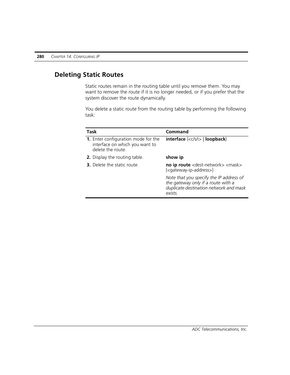 Deleting static routes | ADC CUDA 3 User Manual | Page 282 / 620