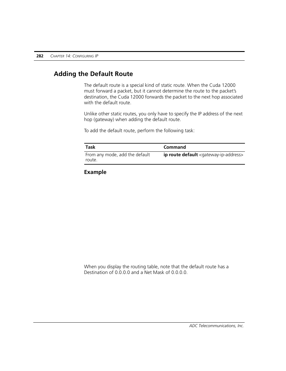 Adding the default route, Example | ADC CUDA 3 User Manual | Page 284 / 620