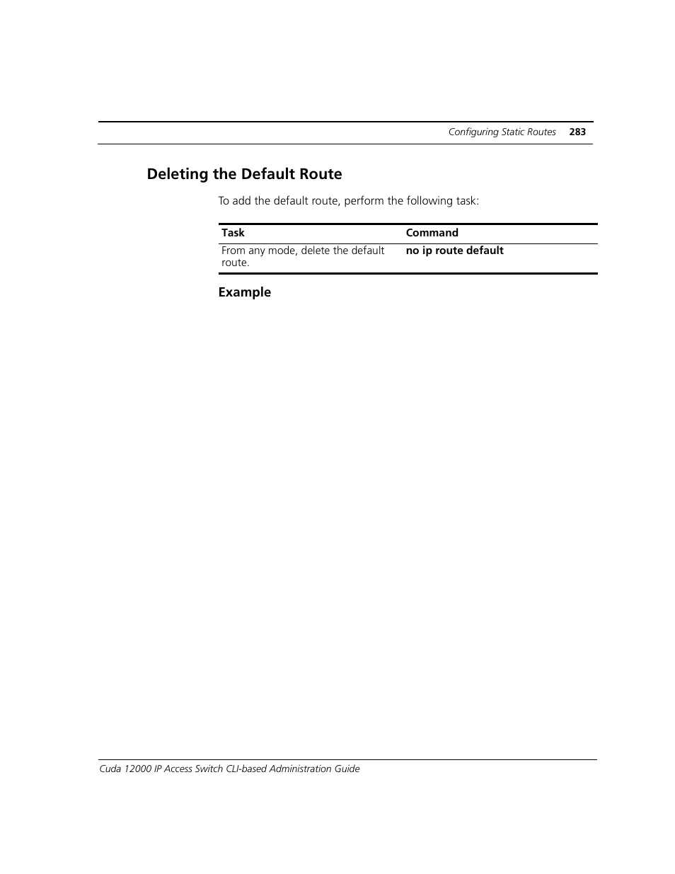 Deleting the default route, Example | ADC CUDA 3 User Manual | Page 285 / 620