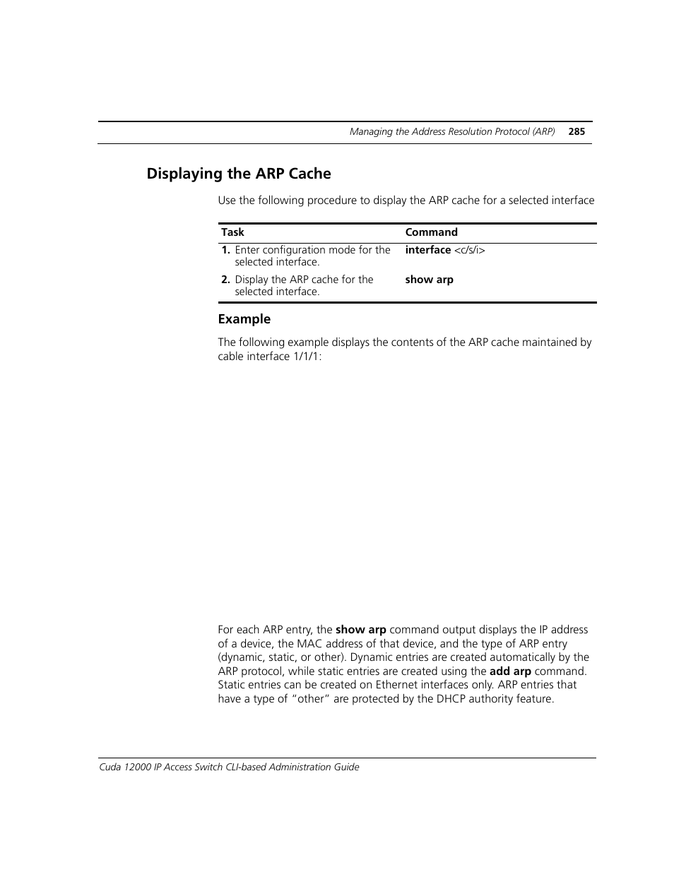 Displaying the arp cache, Example | ADC CUDA 3 User Manual | Page 287 / 620