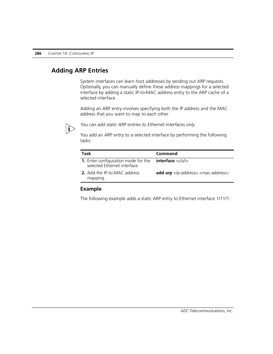 Adding arp entries, Example | ADC CUDA 3 User Manual | Page 288 / 620