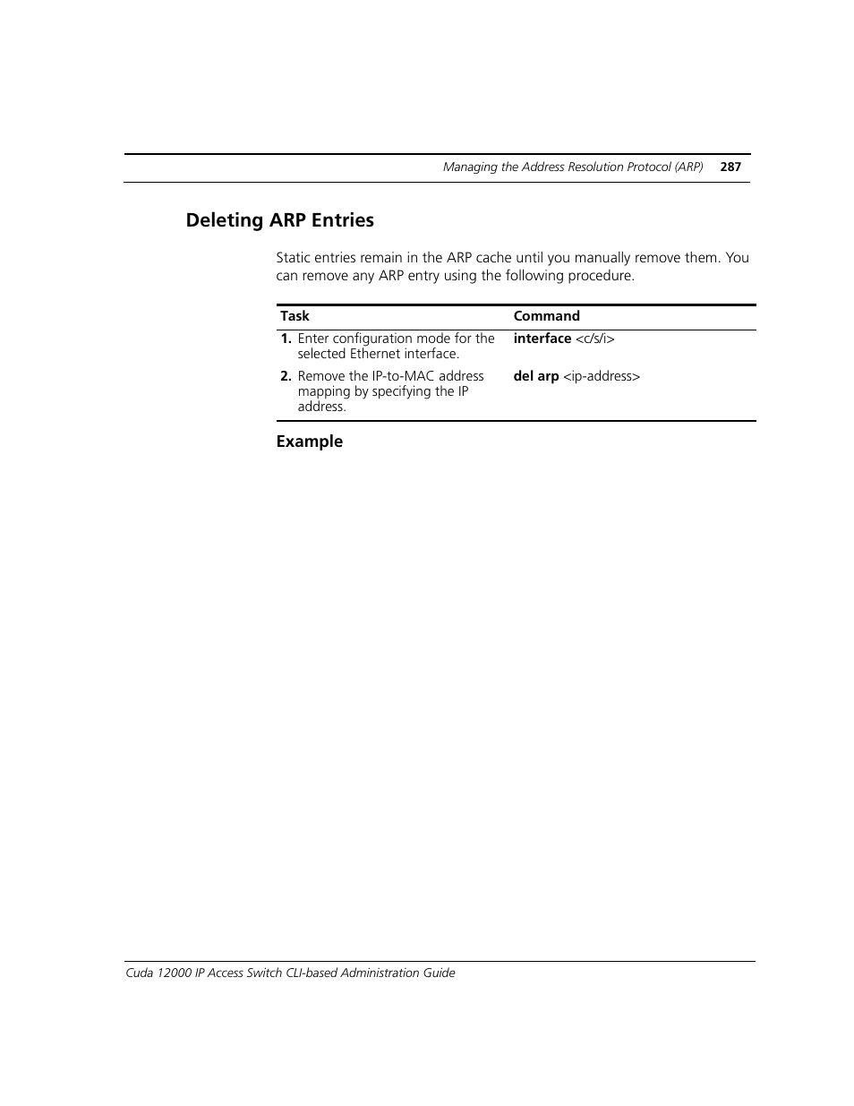 Deleting arp entries, Example | ADC CUDA 3 User Manual | Page 289 / 620