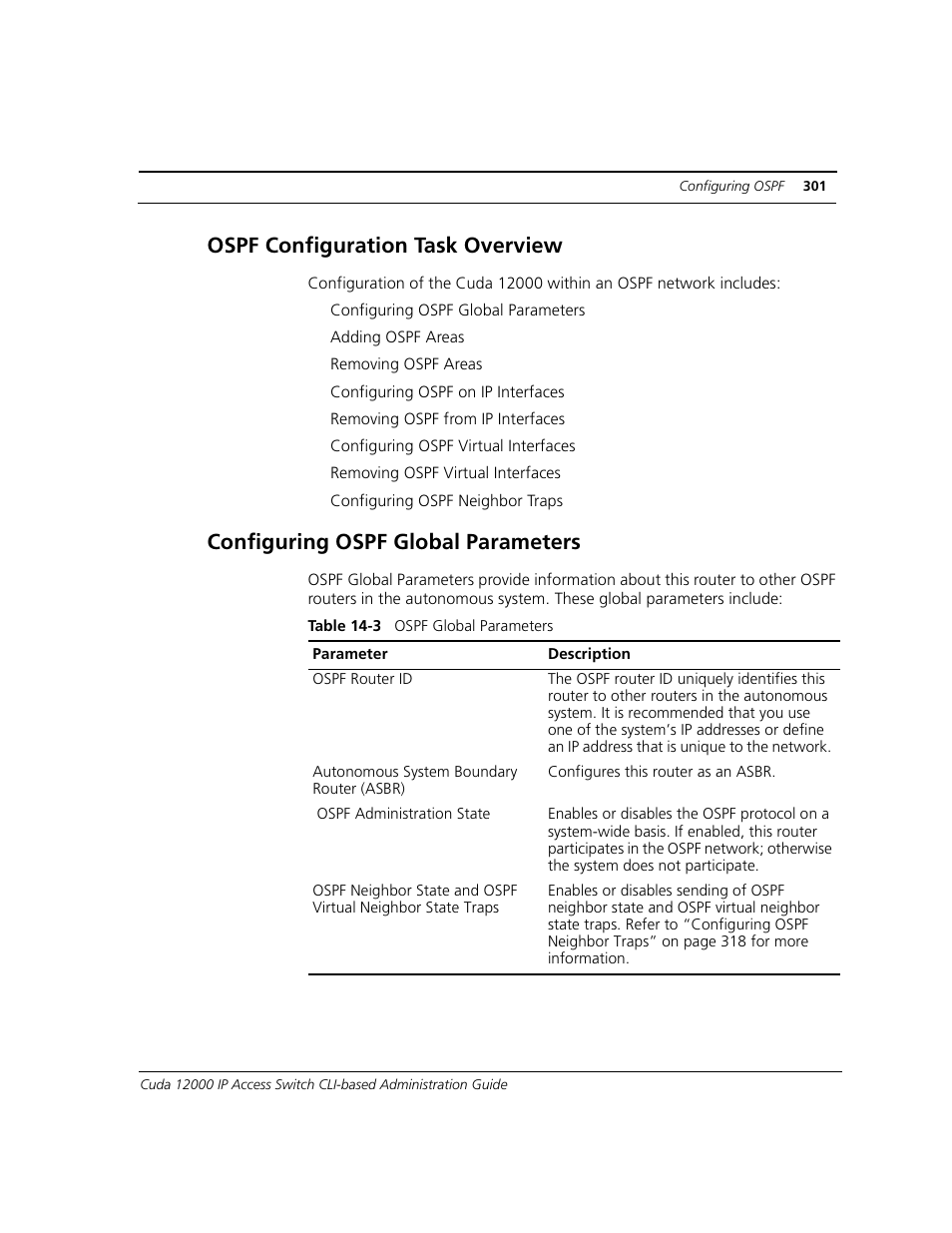 Ospf configuration task overview, Configuring ospf global parameters | ADC CUDA 3 User Manual | Page 303 / 620