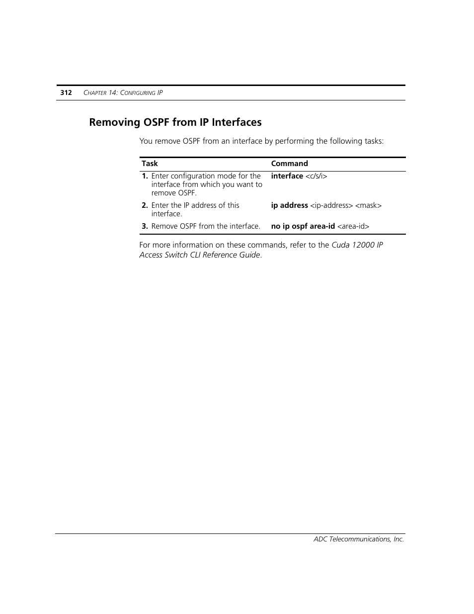 Removing ospf from ip interfaces, Removing ospf from ip interfaces” o | ADC CUDA 3 User Manual | Page 314 / 620