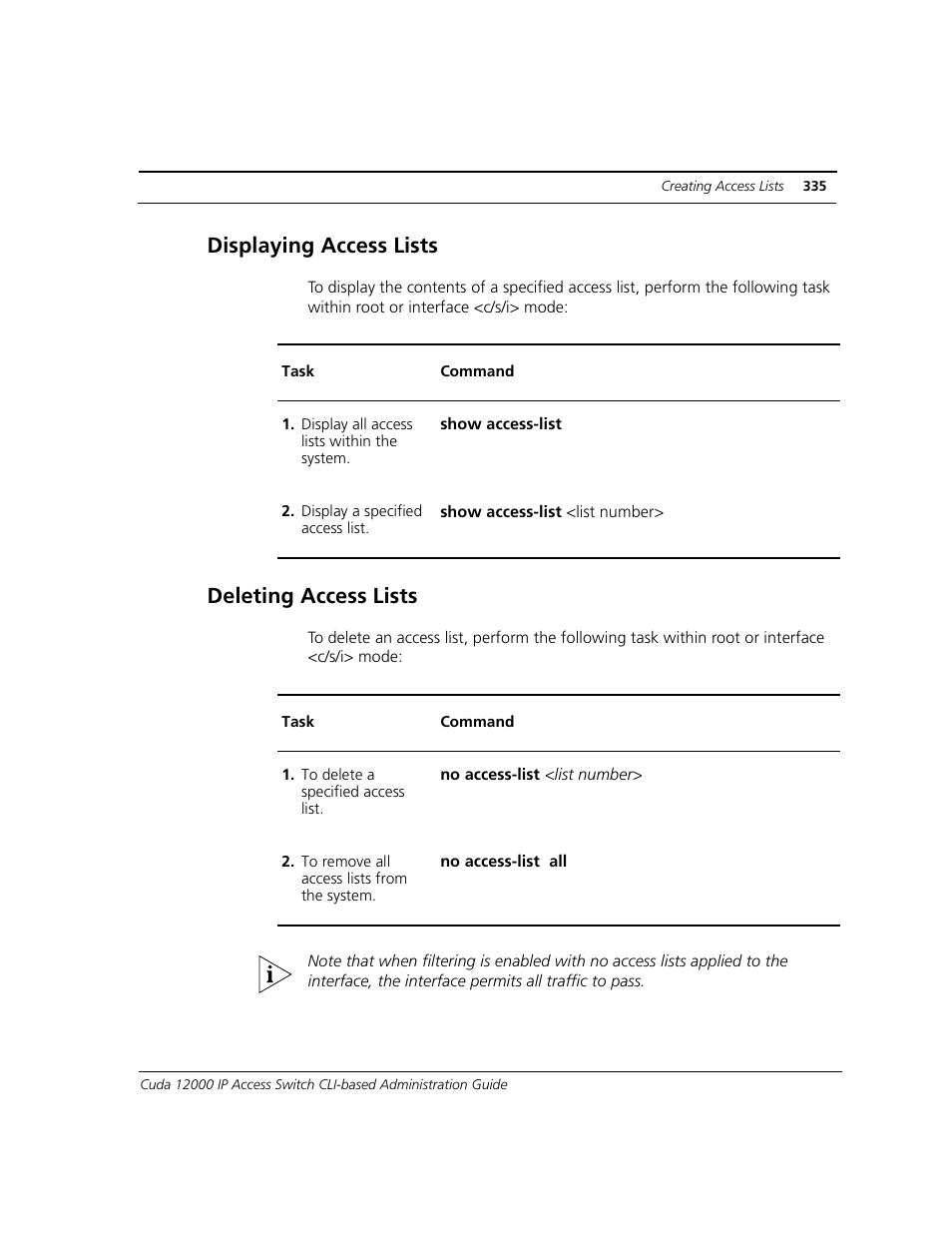 Displaying access lists, Deleting access lists | ADC CUDA 3 User Manual | Page 337 / 620