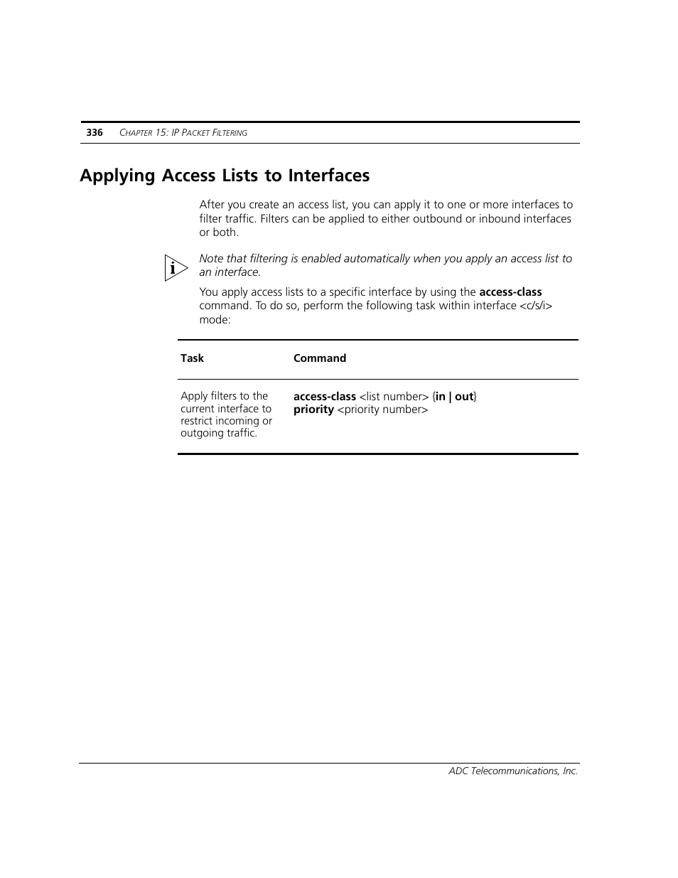 Applying access lists to interfaces | ADC CUDA 3 User Manual | Page 338 / 620