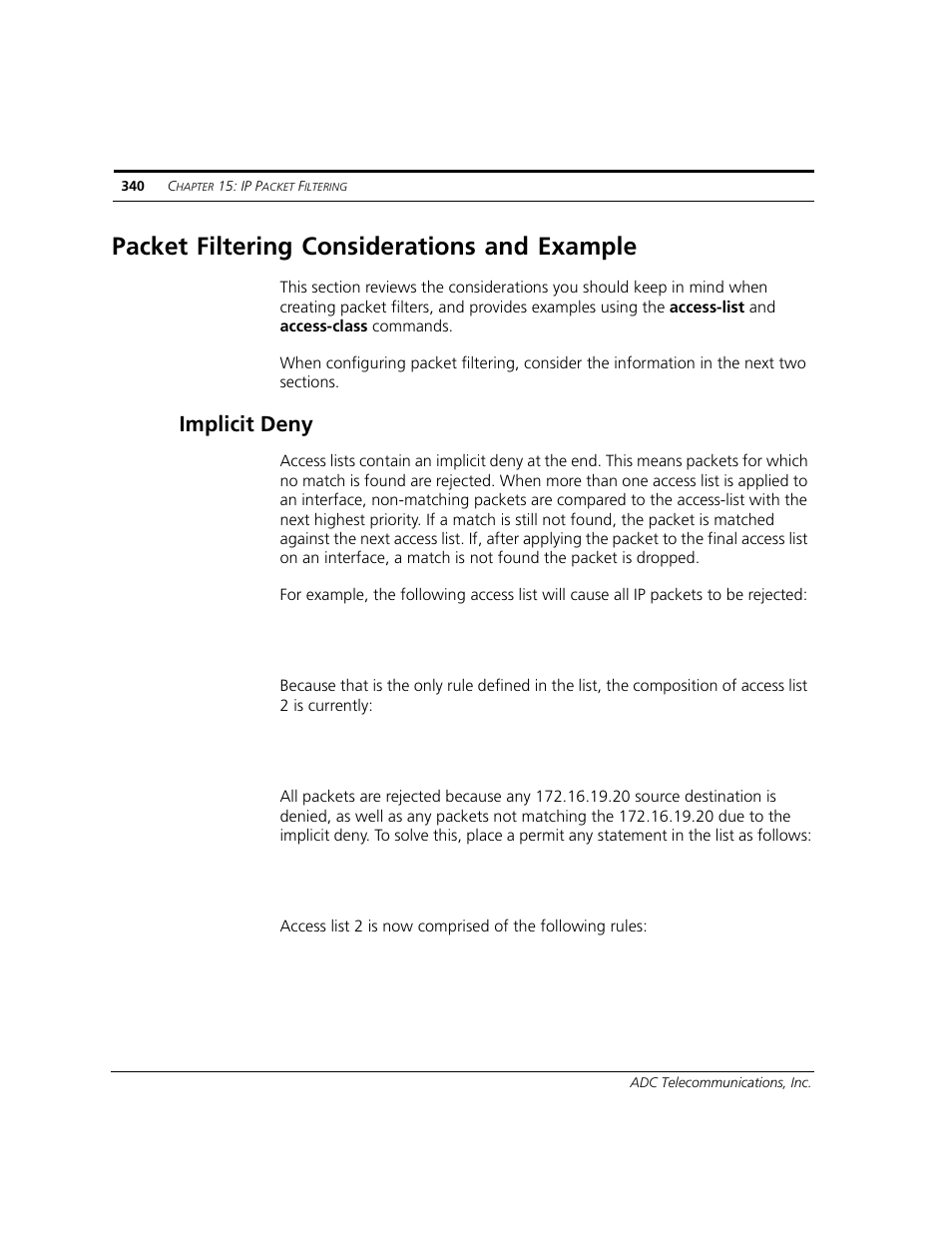 Packet filtering considerations and example, Implicit deny | ADC CUDA 3 User Manual | Page 342 / 620