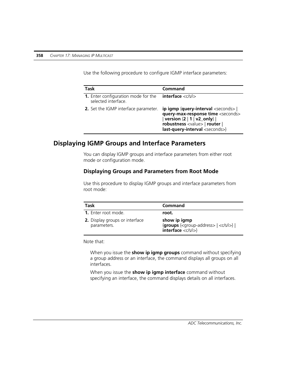 Displaying igmp groups and interface parameters, Displaying groups and parameters from root mode | ADC CUDA 3 User Manual | Page 360 / 620