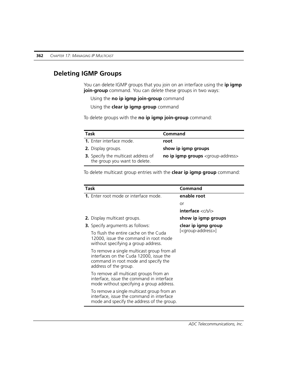 Deleting igmp groups | ADC CUDA 3 User Manual | Page 364 / 620