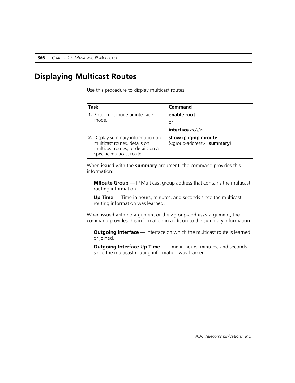 Displaying multicast routes | ADC CUDA 3 User Manual | Page 368 / 620