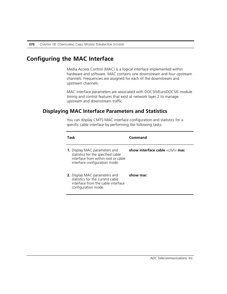 Configuring the mac interface, Displaying mac interface parameters and statistics | ADC CUDA 3 User Manual | Page 372 / 620