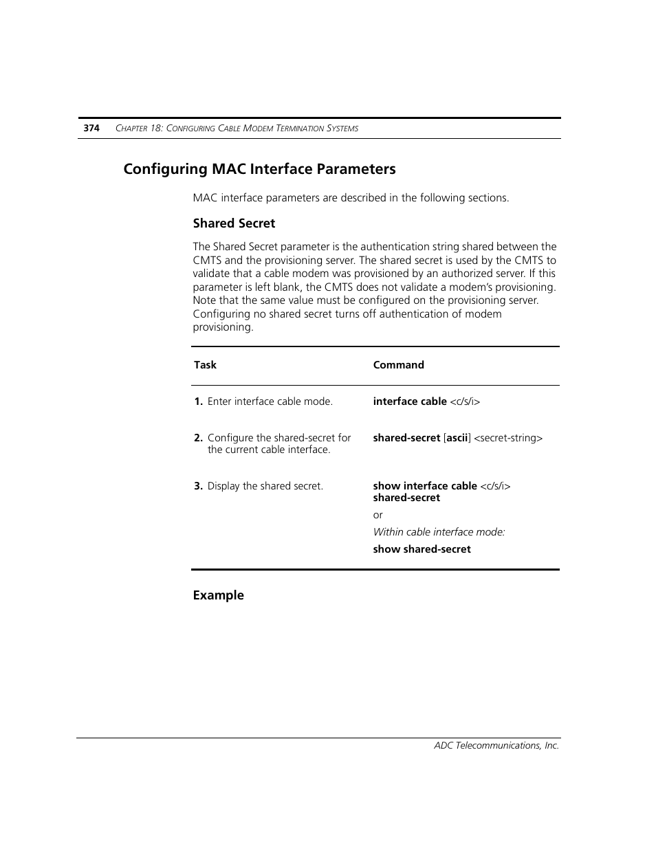 Configuring mac interface parameters, Shared secret, Example | ADC CUDA 3 User Manual | Page 376 / 620