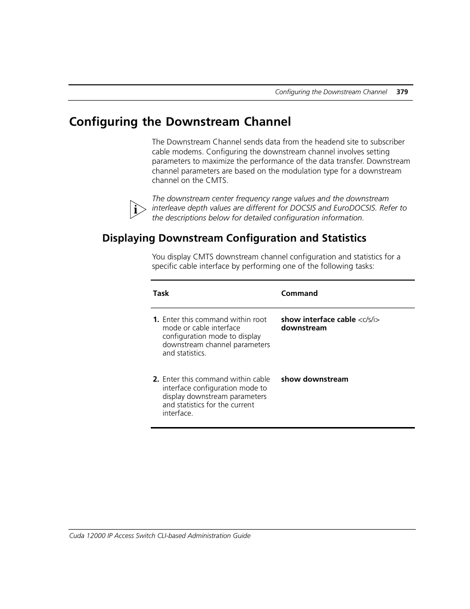 Configuring the downstream channel, Displaying downstream configuration and statistics | ADC CUDA 3 User Manual | Page 381 / 620