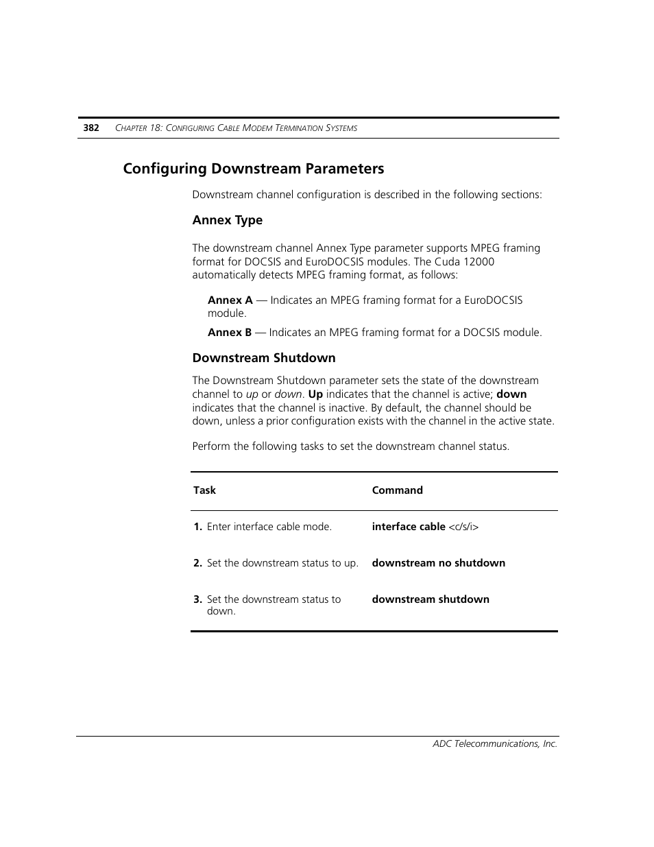 Configuring downstream parameters, Annex type, Downstream shutdown | ADC CUDA 3 User Manual | Page 384 / 620