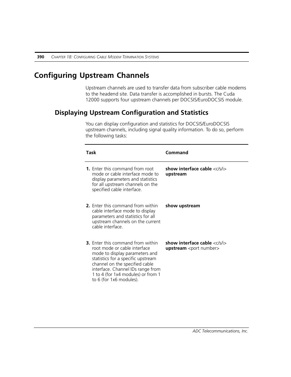 Configuring upstream channels, Displaying upstream configuration and statistics | ADC CUDA 3 User Manual | Page 392 / 620