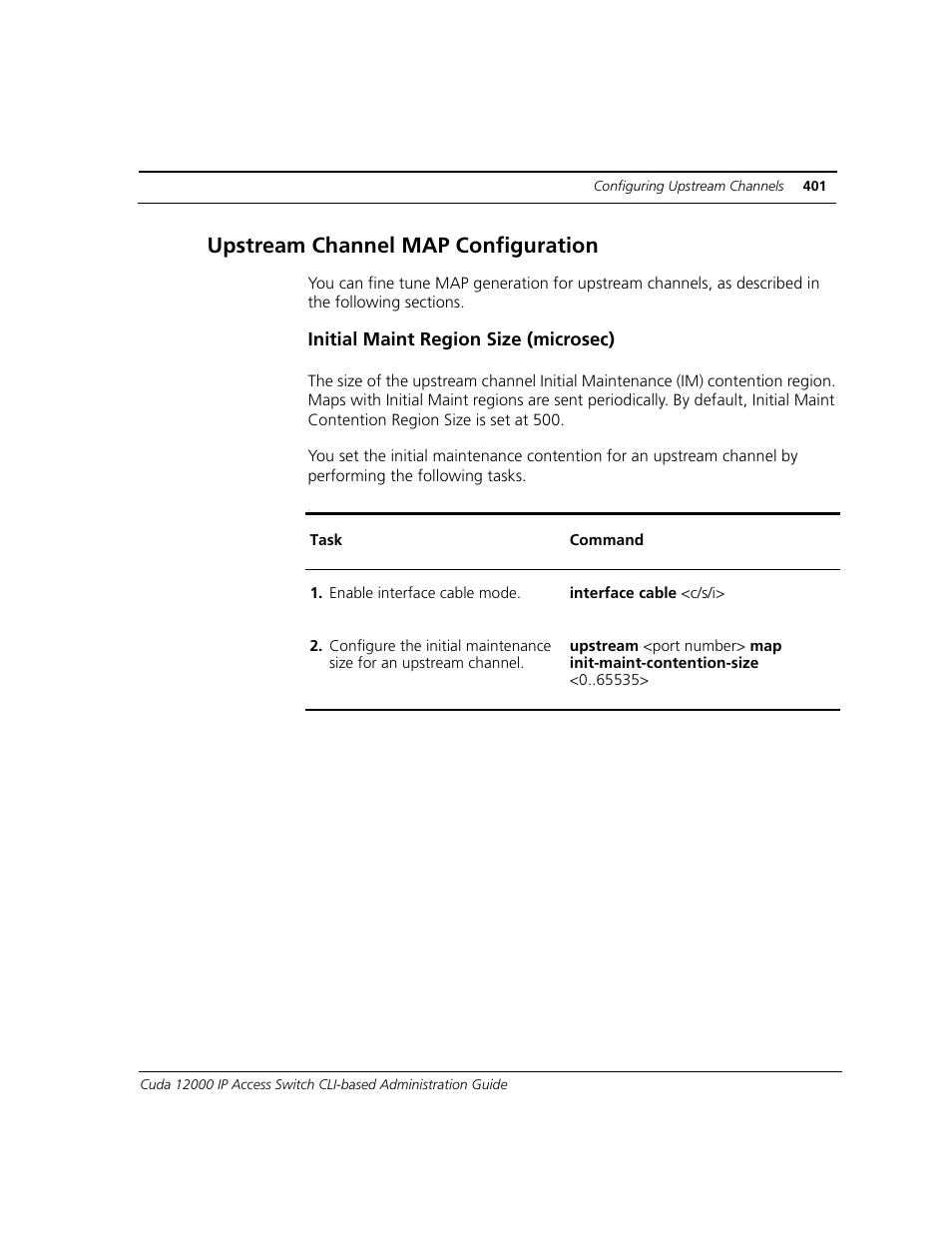 Upstream channel map configuration, Initial maint region size (microsec) | ADC CUDA 3 User Manual | Page 403 / 620