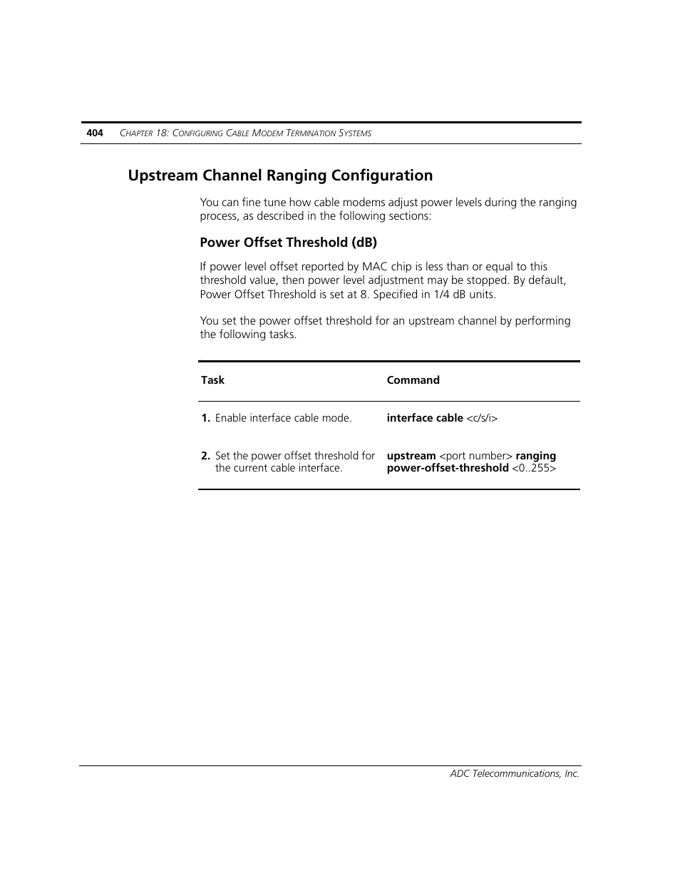Upstream channel ranging configuration, Power offset threshold (db) | ADC CUDA 3 User Manual | Page 406 / 620