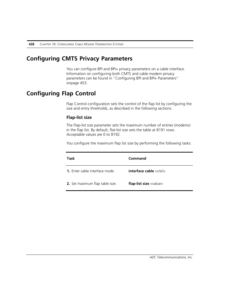 Configuring cmts privacy parameters, Configuring flap control, Flap-list size | ADC CUDA 3 User Manual | Page 430 / 620