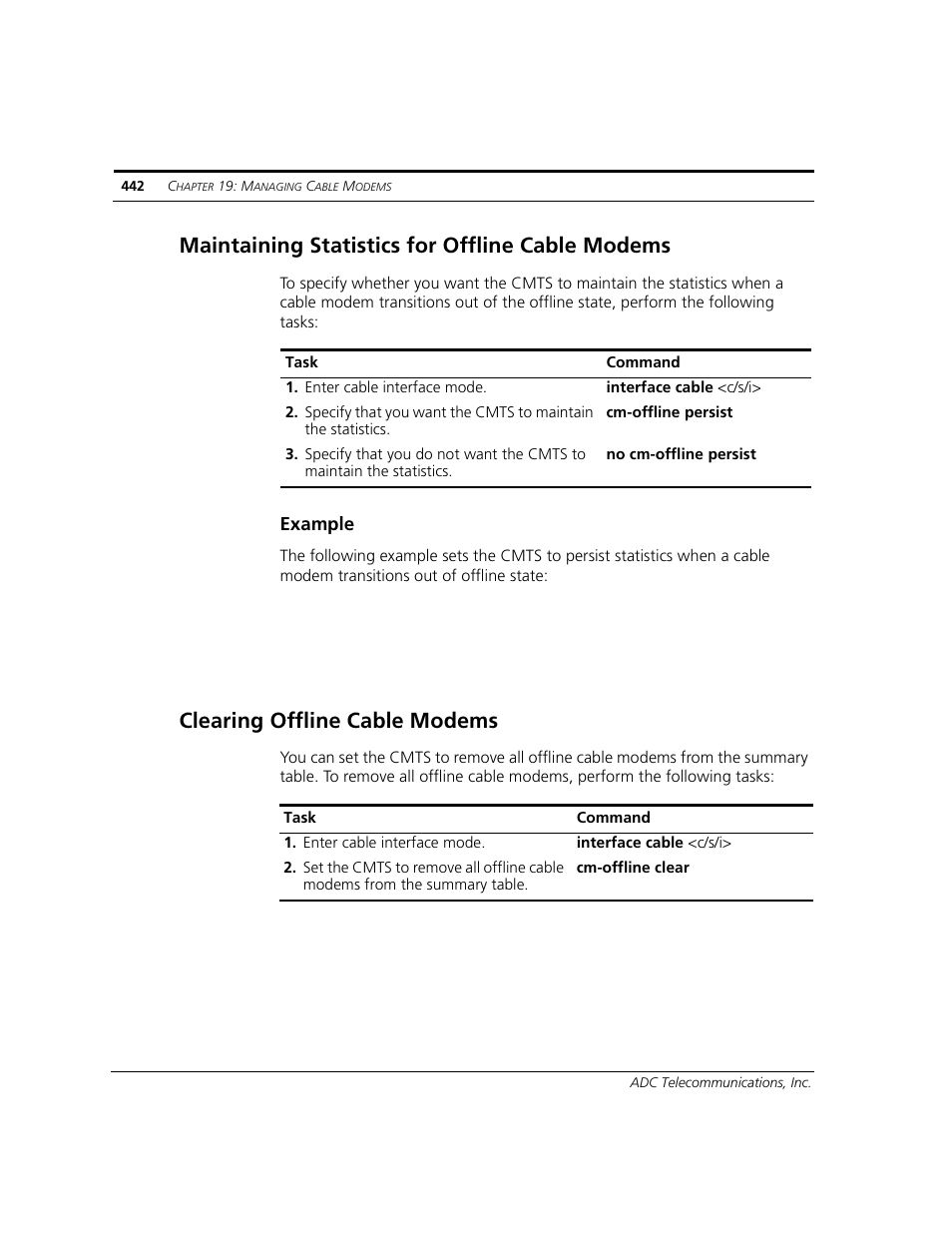 Maintaining statistics for offline cable modems, Clearing offline cable modems | ADC CUDA 3 User Manual | Page 444 / 620