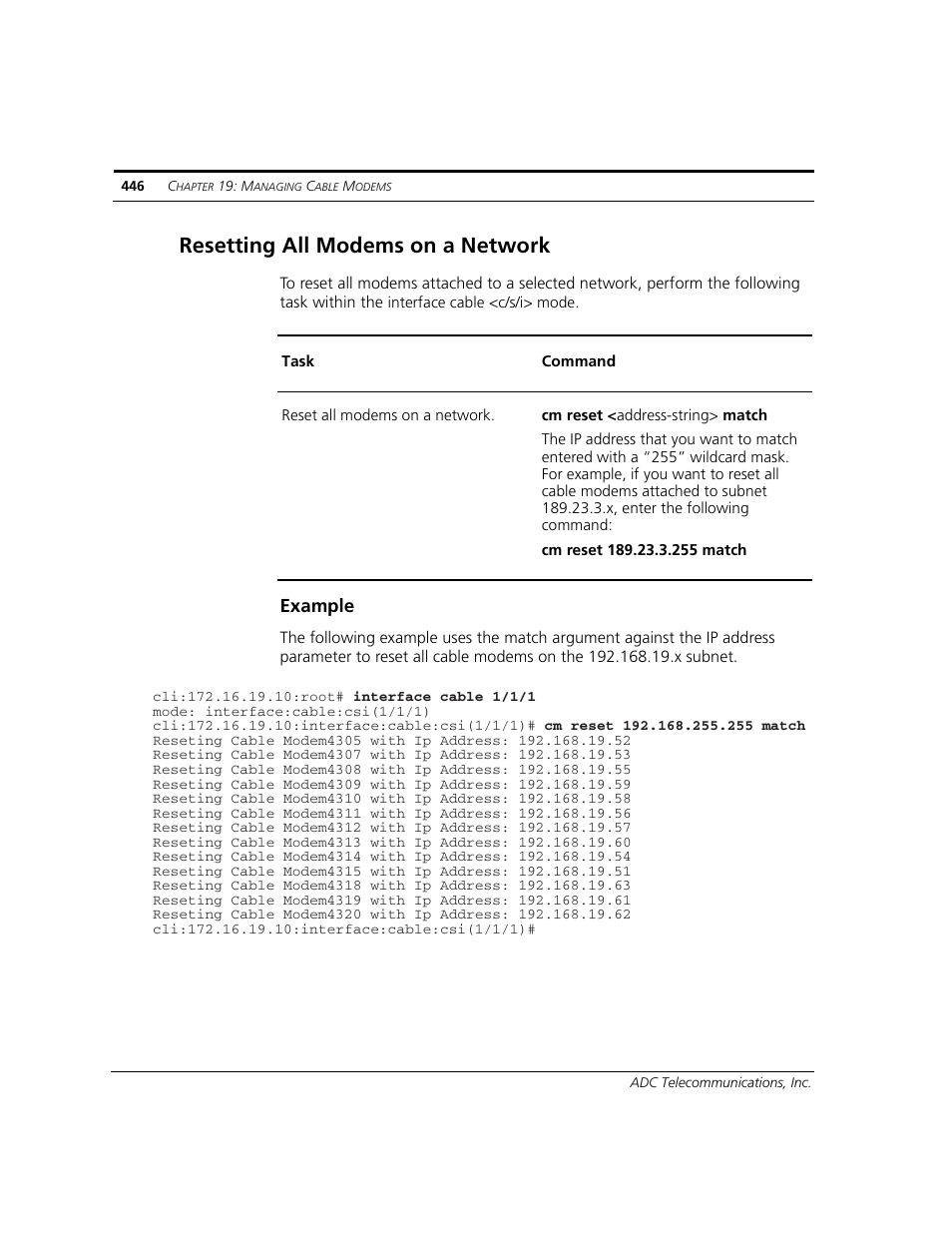 Resetting all modems on a network, Example | ADC CUDA 3 User Manual | Page 448 / 620