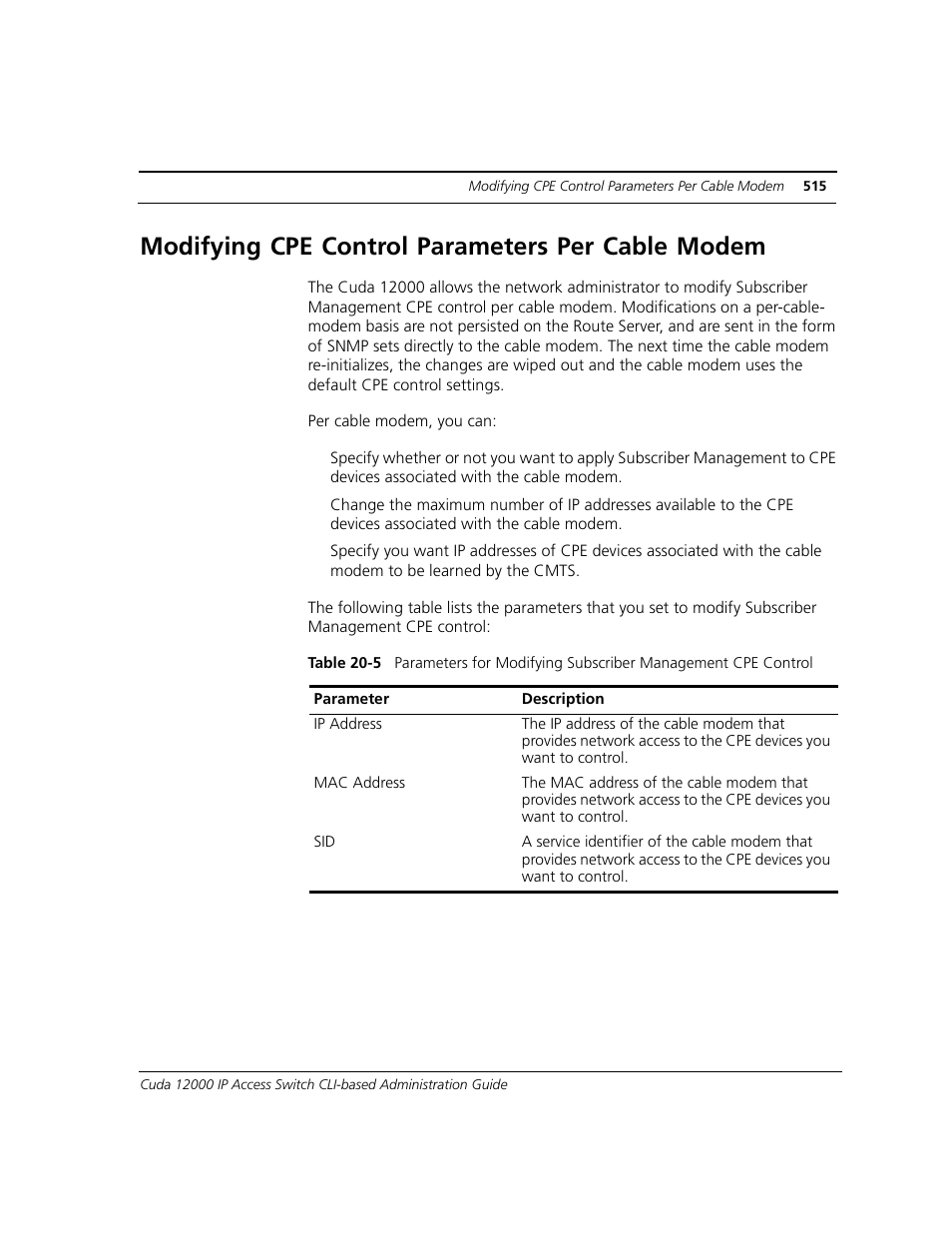 Modifying cpe control parameters per cable modem | ADC CUDA 3 User Manual | Page 517 / 620