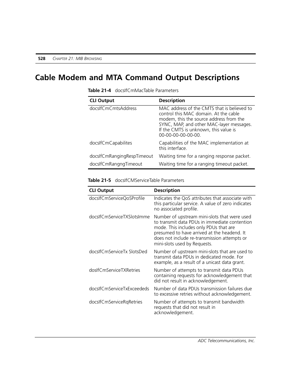 Cable modem and mta command output descriptions | ADC CUDA 3 User Manual | Page 530 / 620