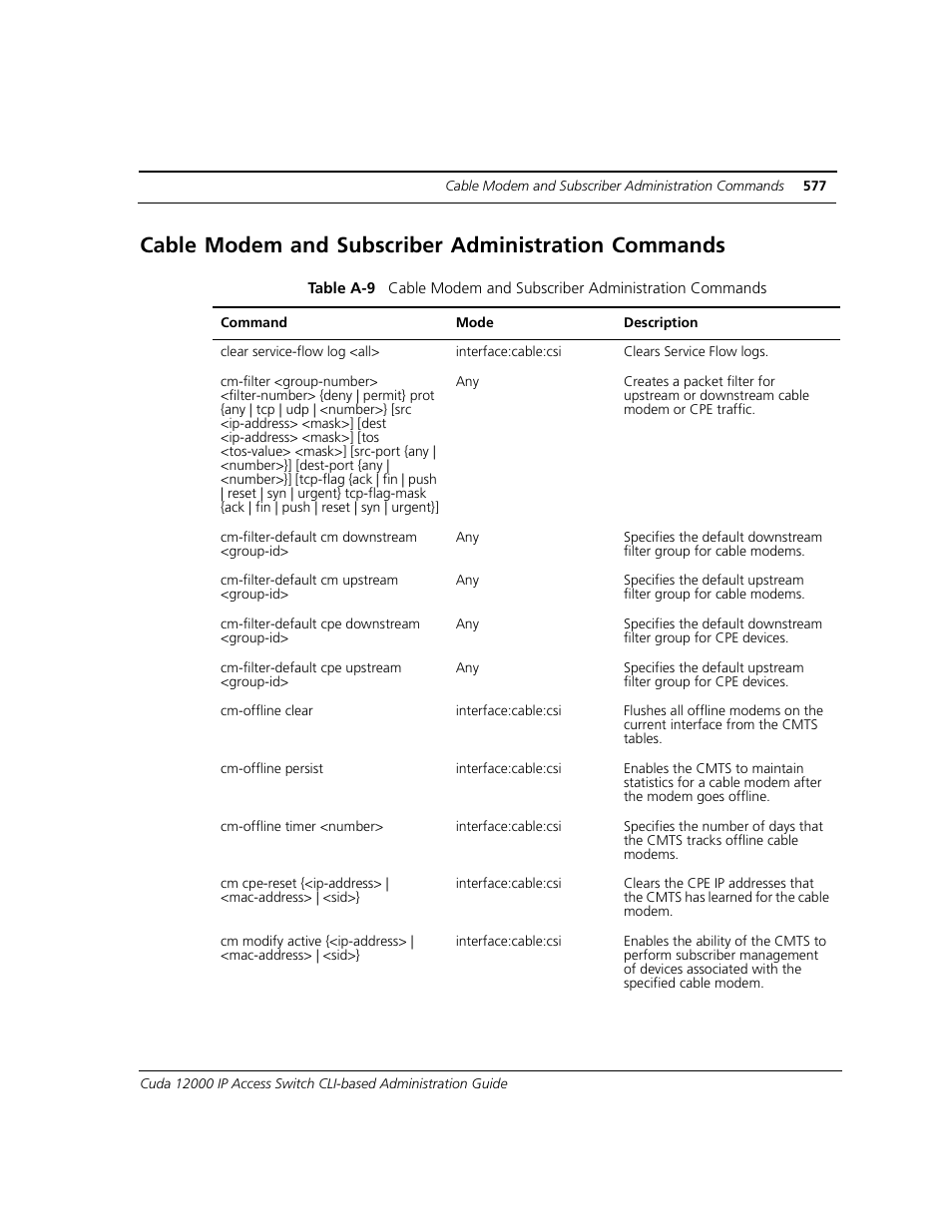 Cable modem and subscriber administration commands | ADC CUDA 3 User Manual | Page 579 / 620