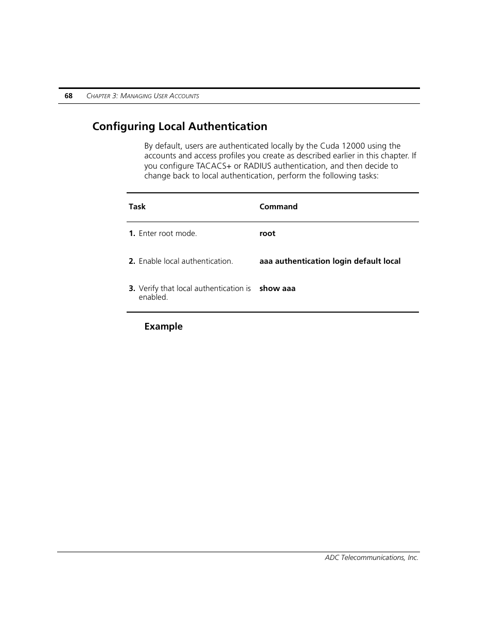 Configuring local authentication, Example | ADC CUDA 3 User Manual | Page 70 / 620