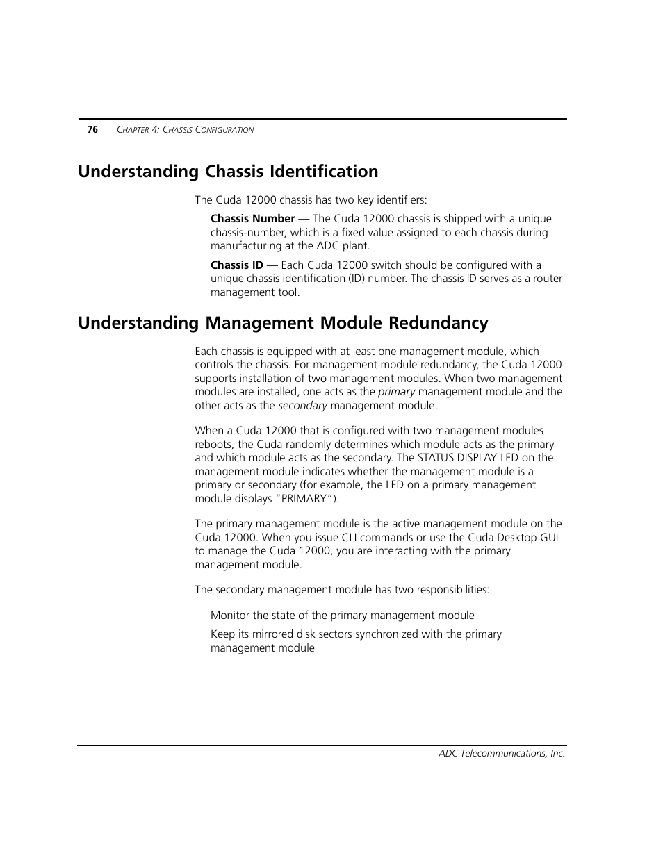 Understanding chassis identification, Understanding management module redundancy | ADC CUDA 3 User Manual | Page 78 / 620