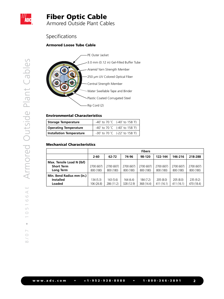 Fiber optic cable, Armored outside plant cables, Specifications | ADC LSZH User Manual | Page 2 / 4