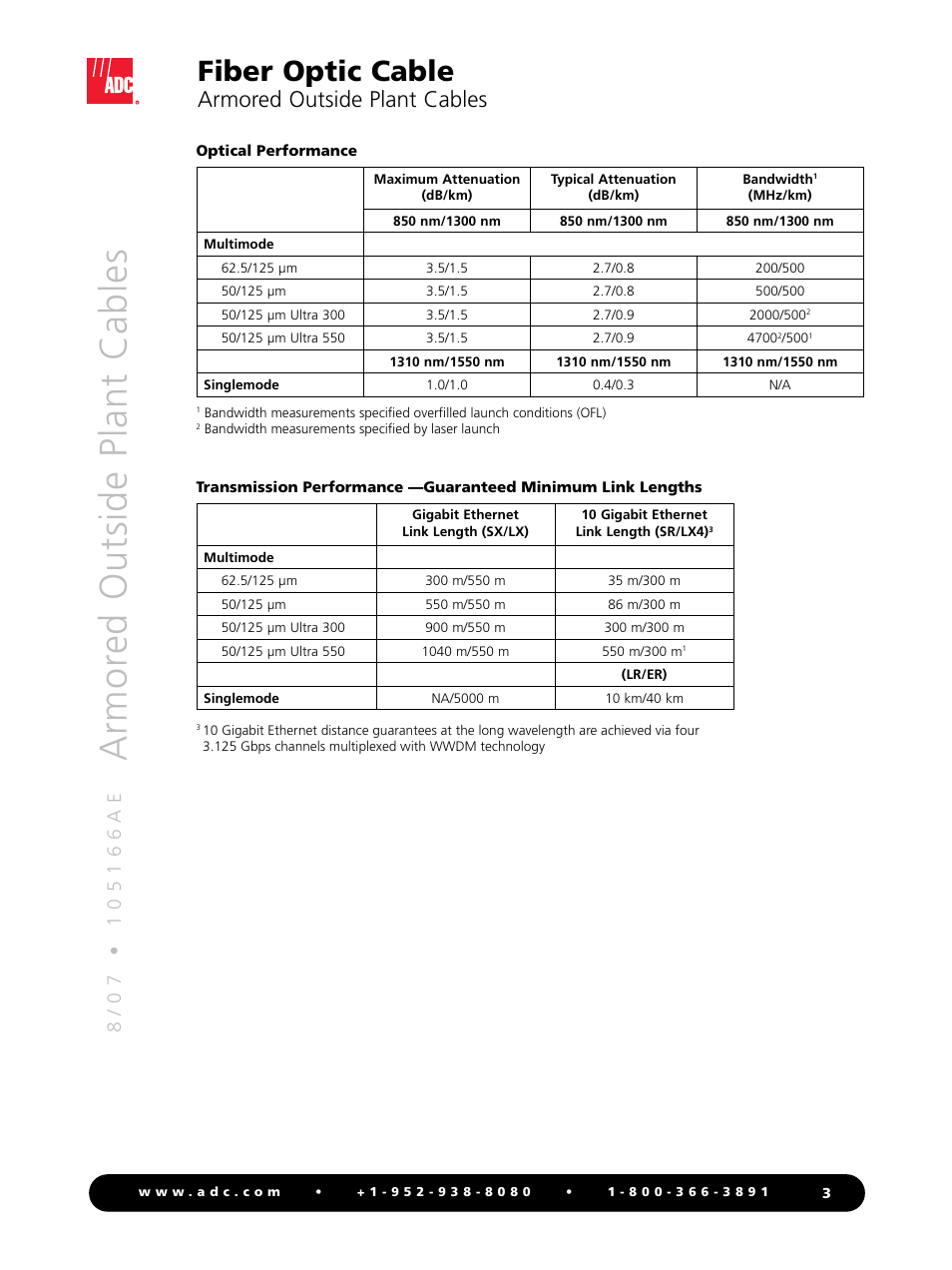 Fiber optic cable, Armored outside plant cables | ADC LSZH User Manual | Page 3 / 4