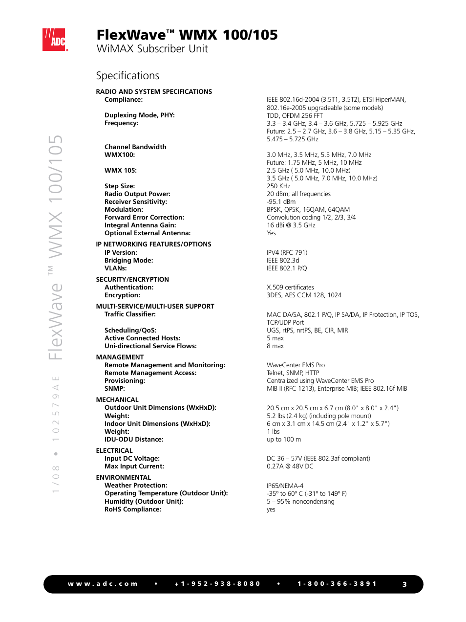 Flexw ave, Flexwave, Wimax subscriber unit | Specifications | ADC FlexWave WMX 100/105 User Manual | Page 3 / 4