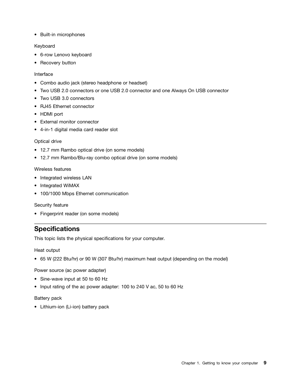 Specifications | Lenovo V480 Notebook User Manual | Page 23 / 85