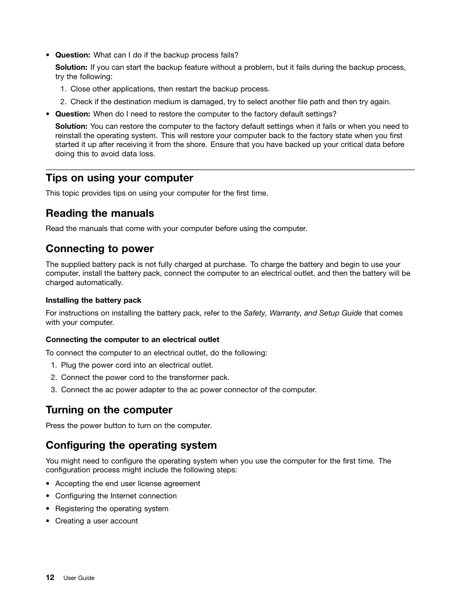 Tips on using your computer, Reading the manuals, Connecting to power | Turning on the computer, Configuring the operating system | Lenovo V480 Notebook User Manual | Page 26 / 85