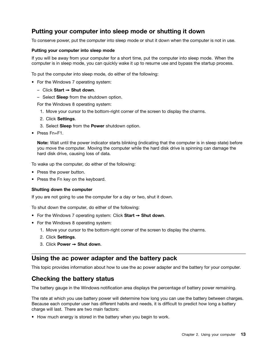 Using the ac power adapter and the battery pack, Checking the battery status | Lenovo V480 Notebook User Manual | Page 27 / 85