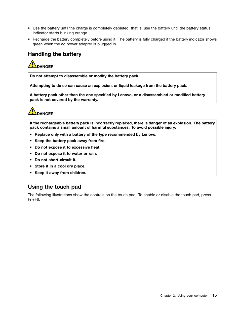 Handling the battery, Using the touch pad | Lenovo V480 Notebook User Manual | Page 29 / 85