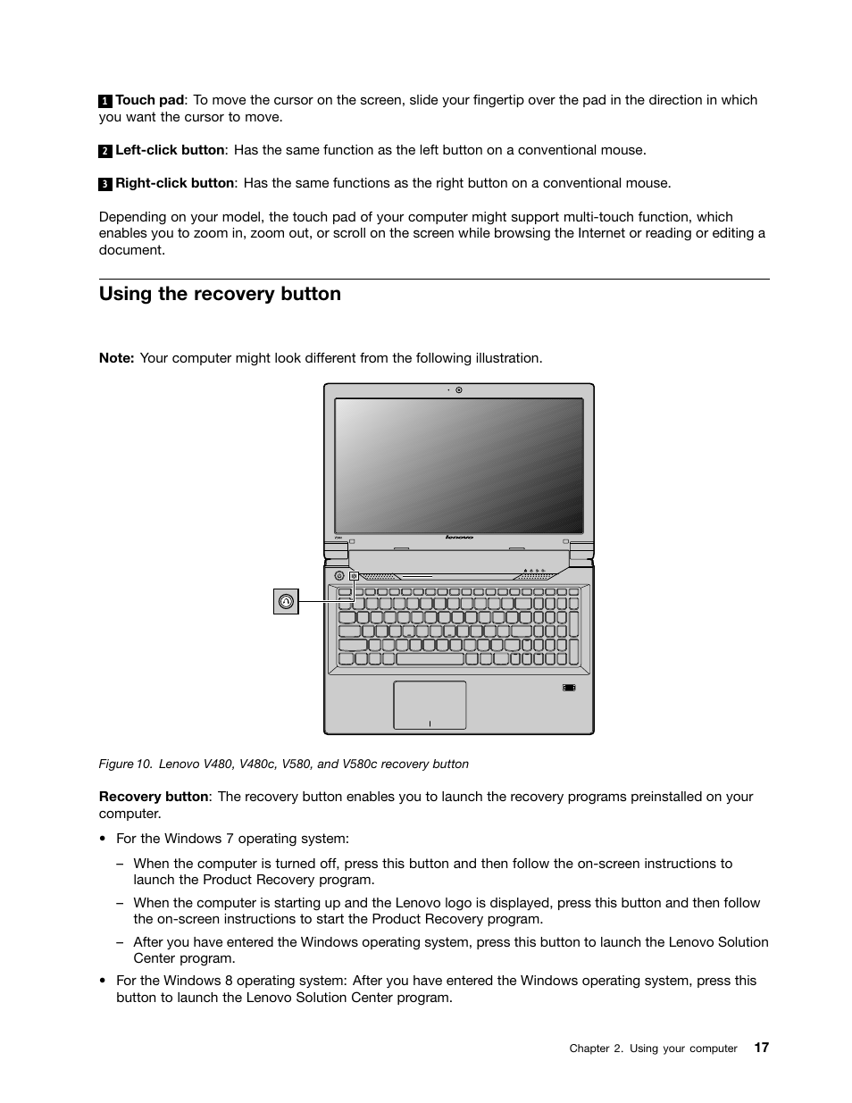 Using the recovery button | Lenovo V480 Notebook User Manual | Page 31 / 85