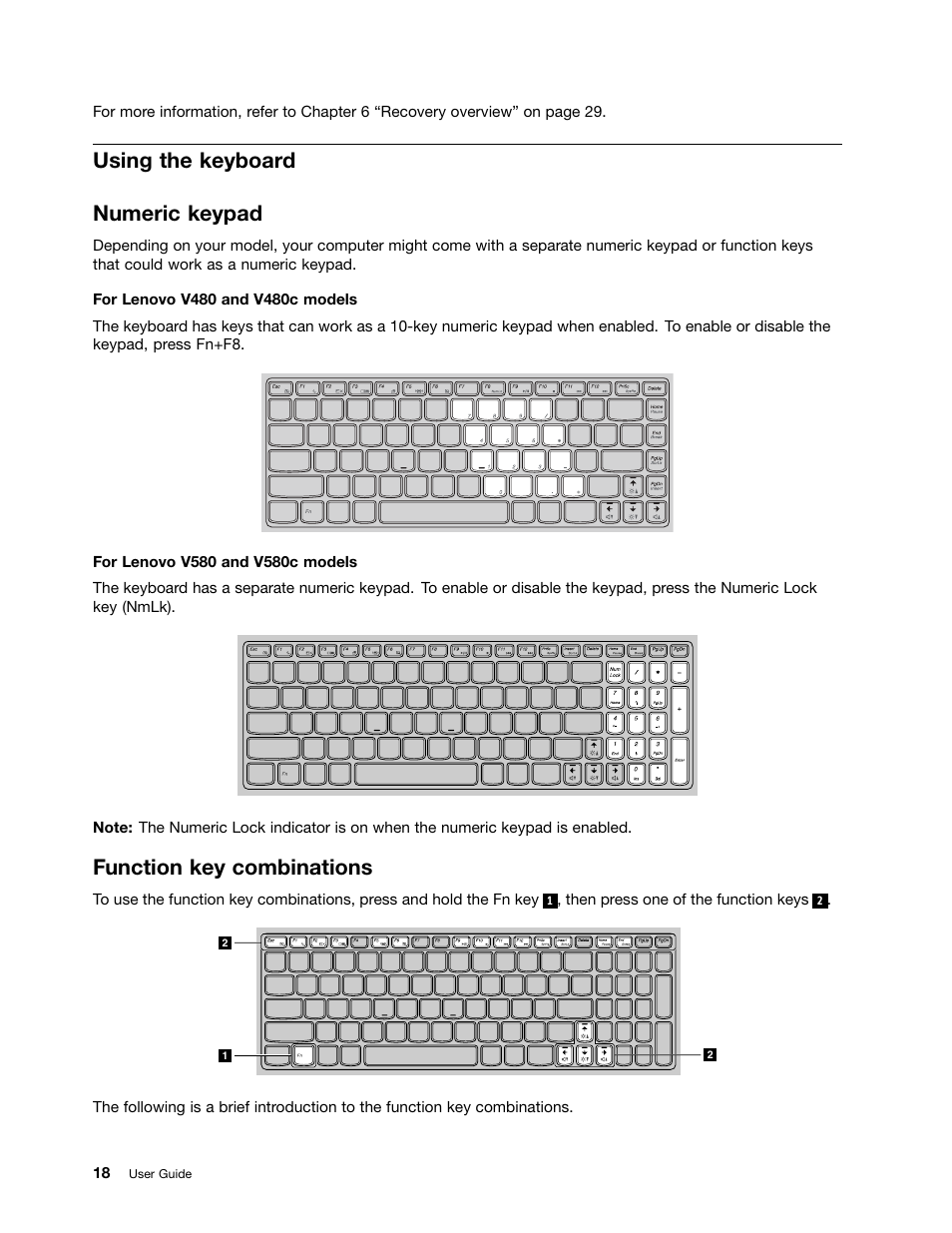 Using the keyboard, Numeric keypad, Function key combinations | Using the keyboard numeric keypad | Lenovo V480 Notebook User Manual | Page 32 / 85