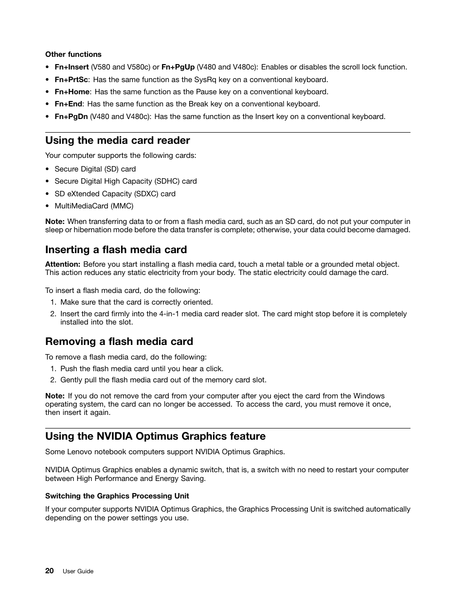 Using the media card reader, Inserting a flash media card, Removing a flash media card | Using the nvidia optimus graphics feature | Lenovo V480 Notebook User Manual | Page 34 / 85