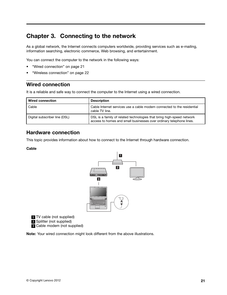 Chapter 3. connecting to the network, Wired connection, Hardware connection | Lenovo V480 Notebook User Manual | Page 35 / 85