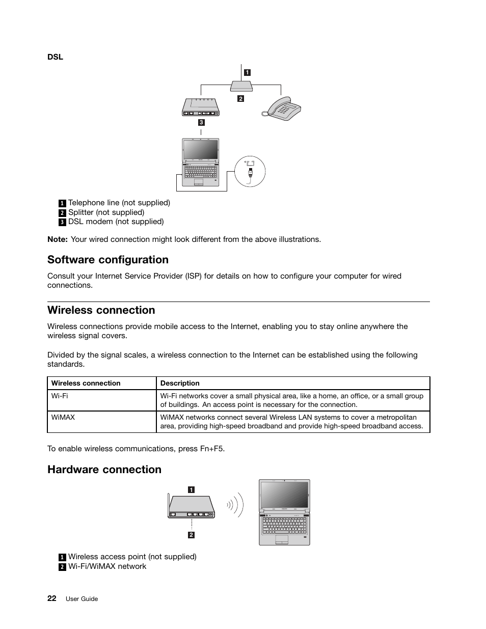 Software configuration, Wireless connection, Hardware connection | Lenovo V480 Notebook User Manual | Page 36 / 85