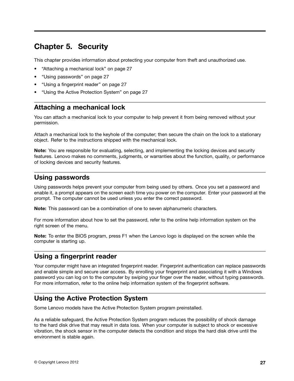 Chapter 5. security, Attaching a mechanical lock, Using passwords | Using a fingerprint reader, Using the active protection system | Lenovo V480 Notebook User Manual | Page 41 / 85