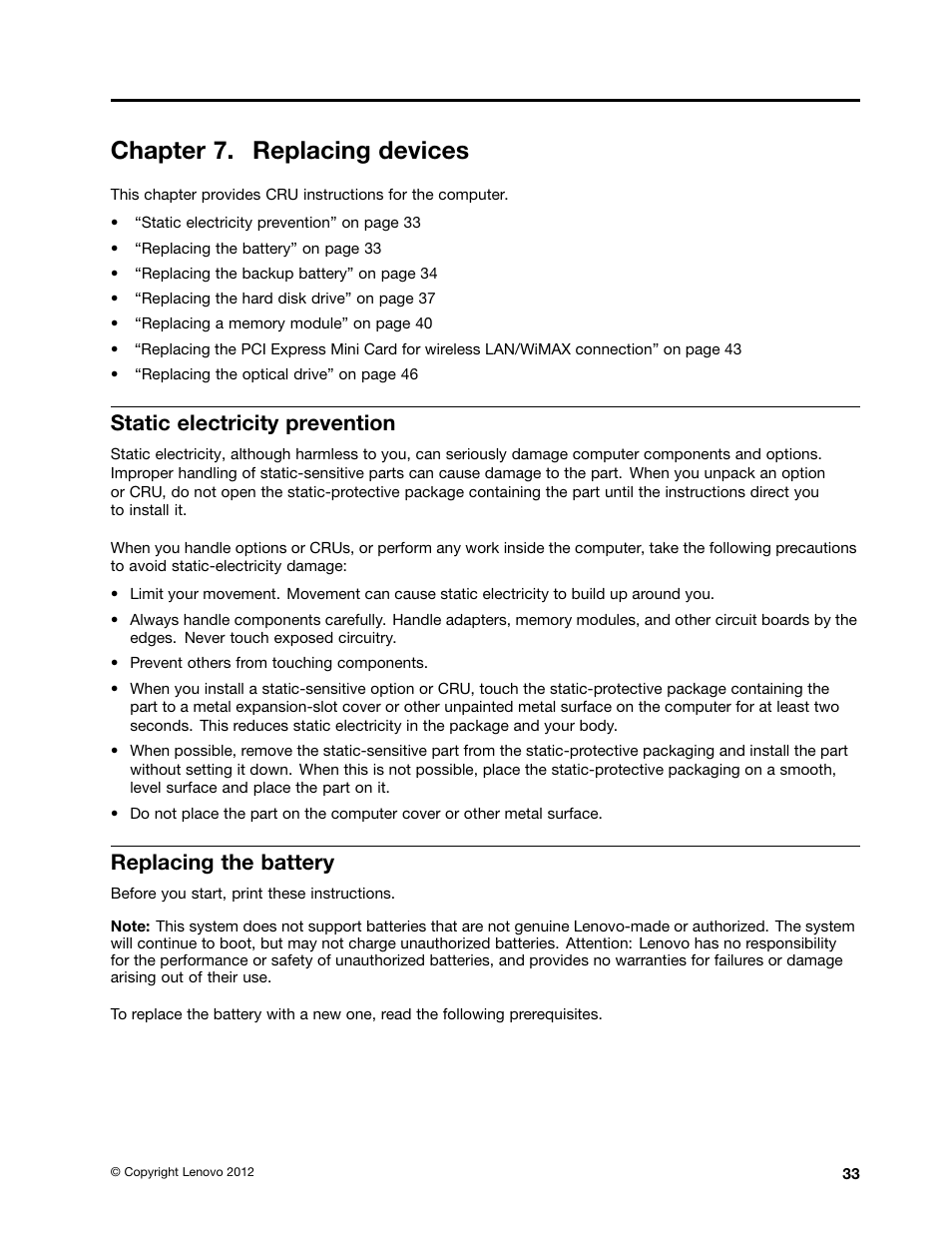 Chapter 7. replacing devices, Static electricity prevention, Replacing the battery | Lenovo V480 Notebook User Manual | Page 47 / 85