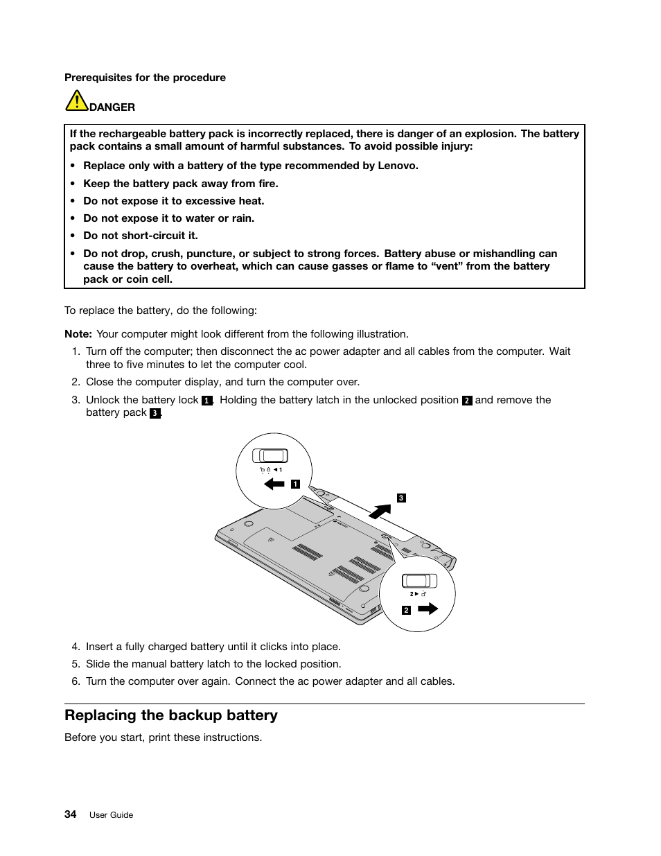 Replacing the backup battery | Lenovo V480 Notebook User Manual | Page 48 / 85