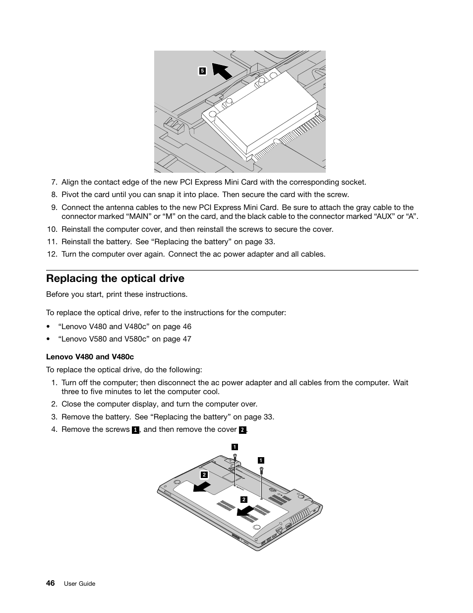 Replacing the optical drive | Lenovo V480 Notebook User Manual | Page 60 / 85